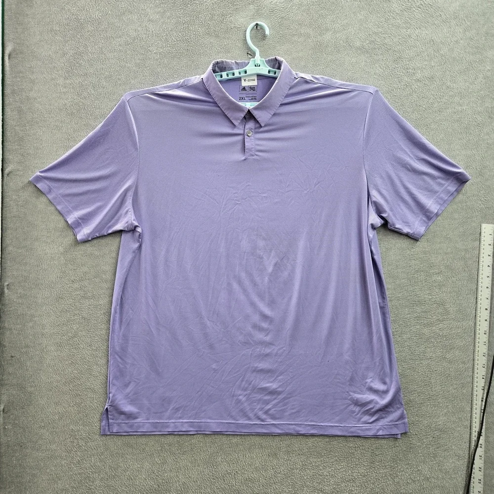 Adidas Men Polo 2XL Purple Golf Striped Button Logo Short Sleeve‎
